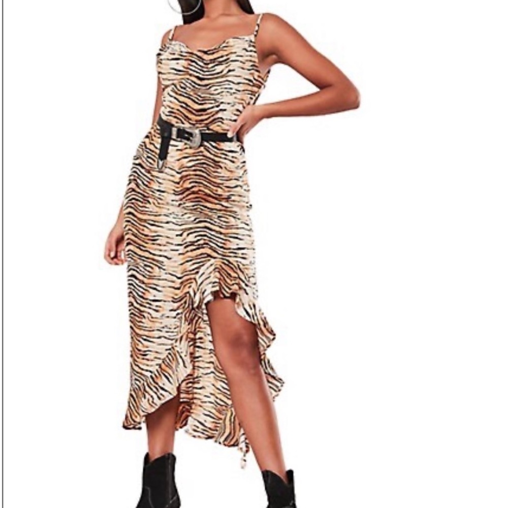 Misguided Animal Print Ruffle Midi Dress High Low Hem Mobwife Womens size 10